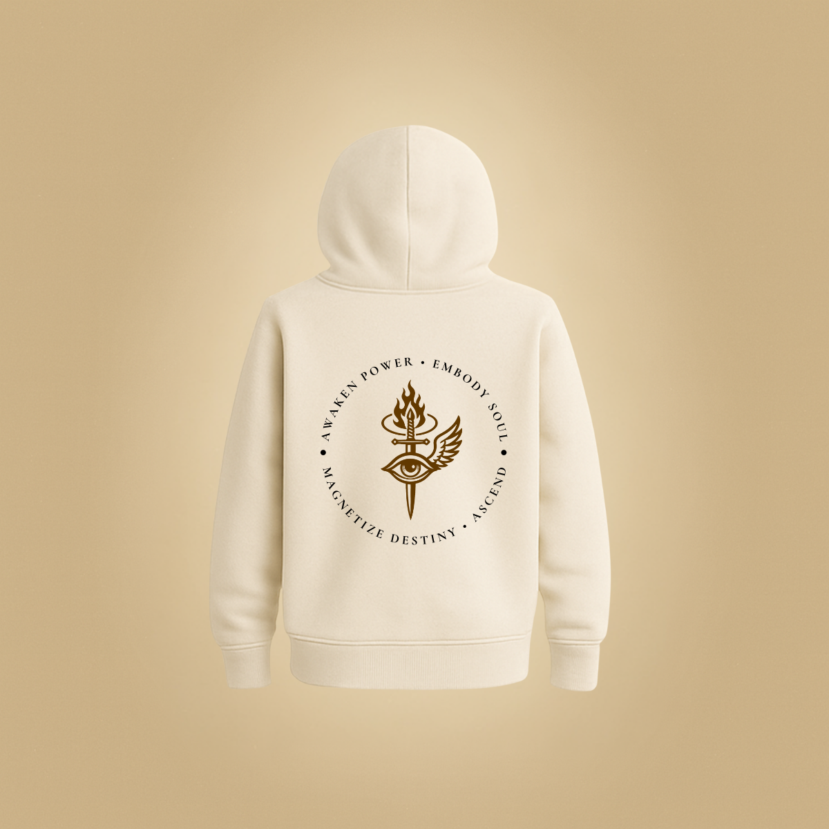 Beige hoodie with black text "Awaken Power, Embody Soul, Magnetize Destiny, Ascend" 